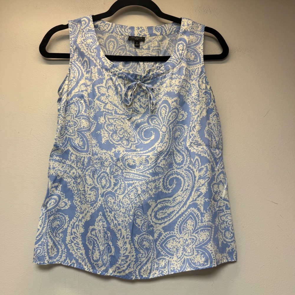 Talbots Paisley Sleeveless Top Women Petite P Blue Excellent Tie Neck Tencel